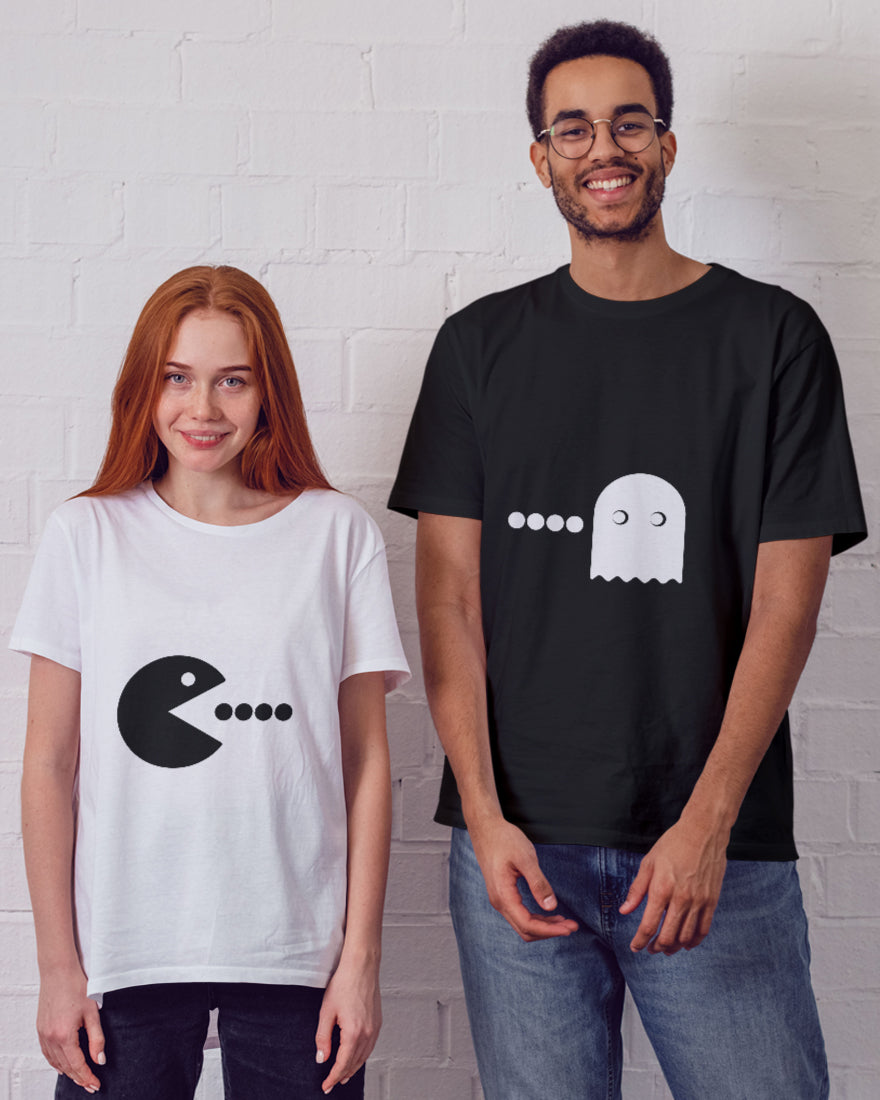 Retro Gamer Couple T-Shirts - Pac-Man and Ghost Matching Set