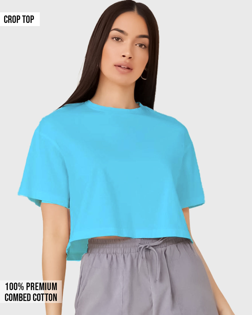 Womens Crop Top Plain TShirt - Ocean Blue