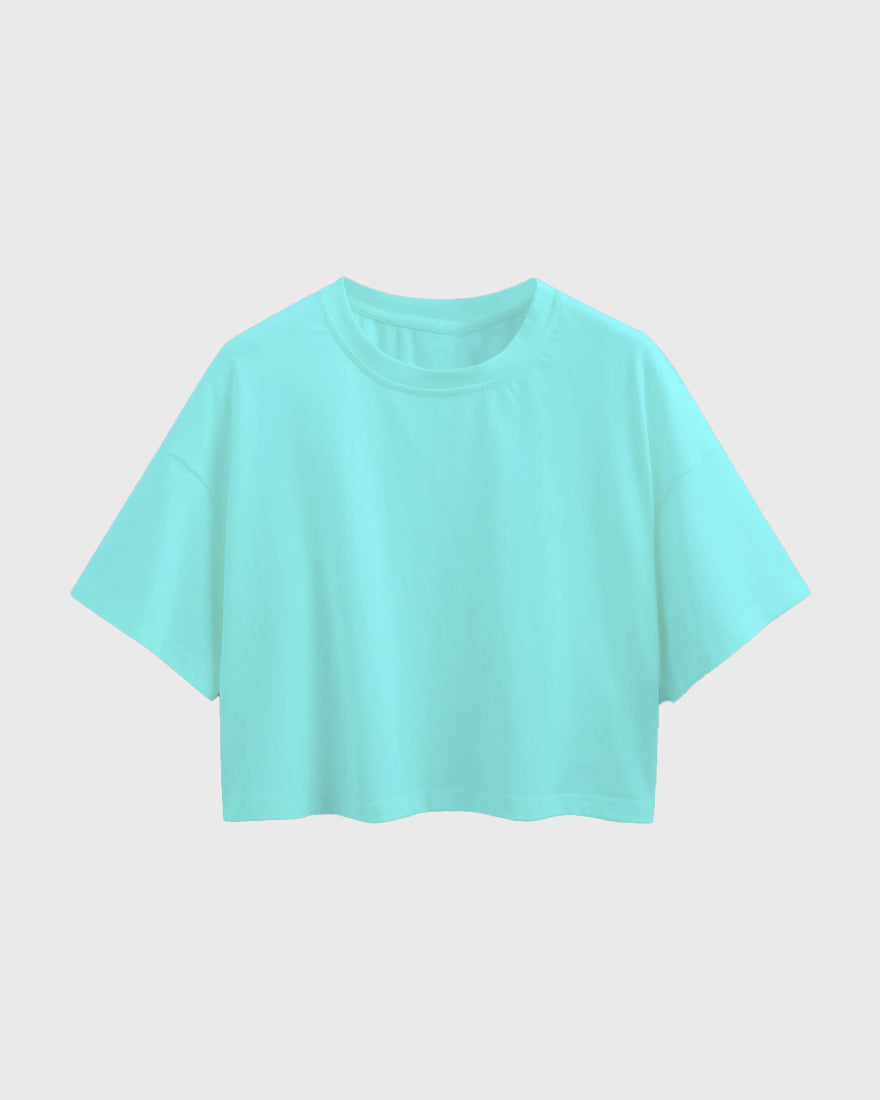 Womens Oversized Crop Top Plain TShirt - Lite Ocean blue