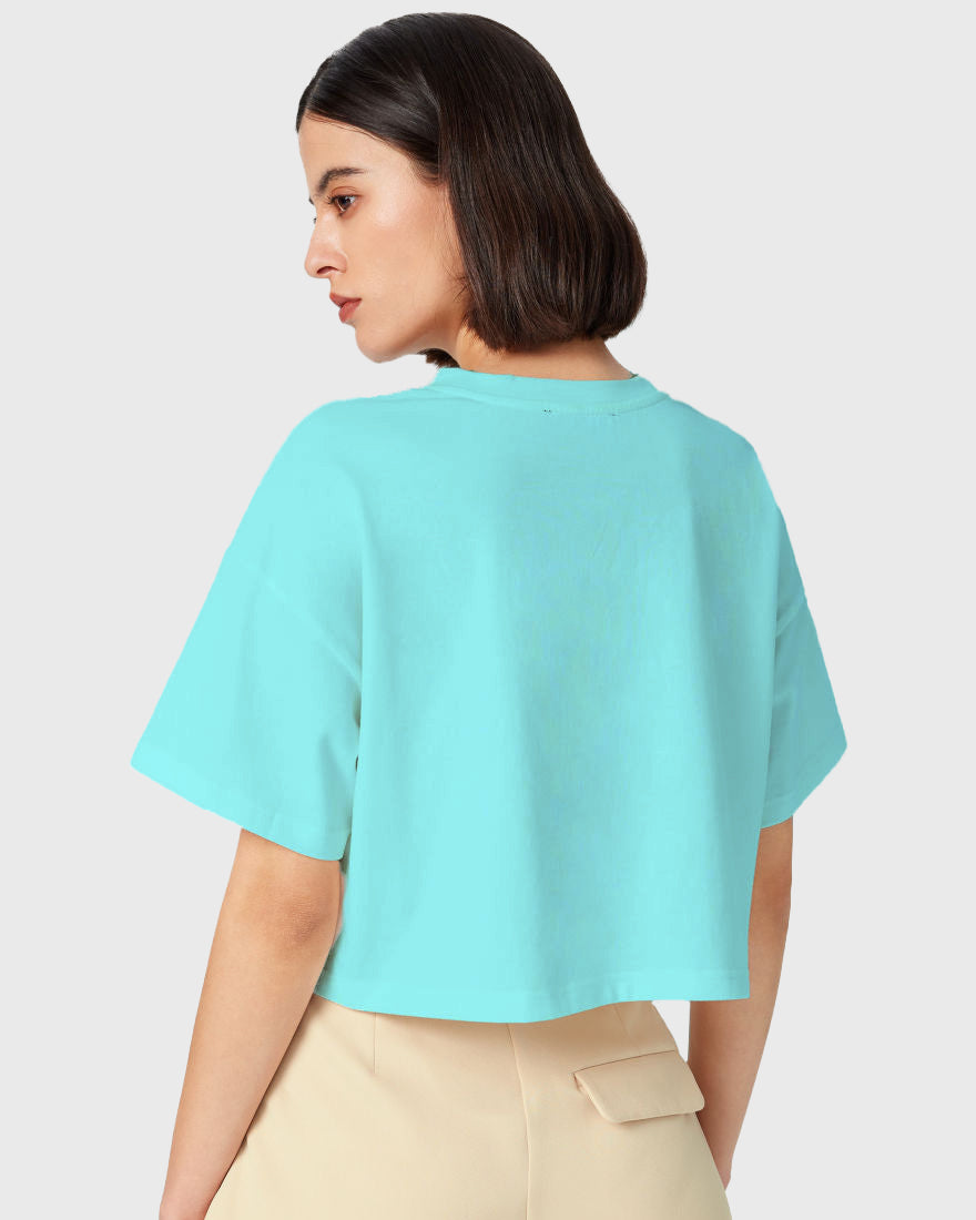 Womens Oversized Crop Top Plain TShirt - Lite Ocean blue