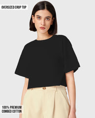 Womens Oversized Crop Top Plain TShirt - Jet Black