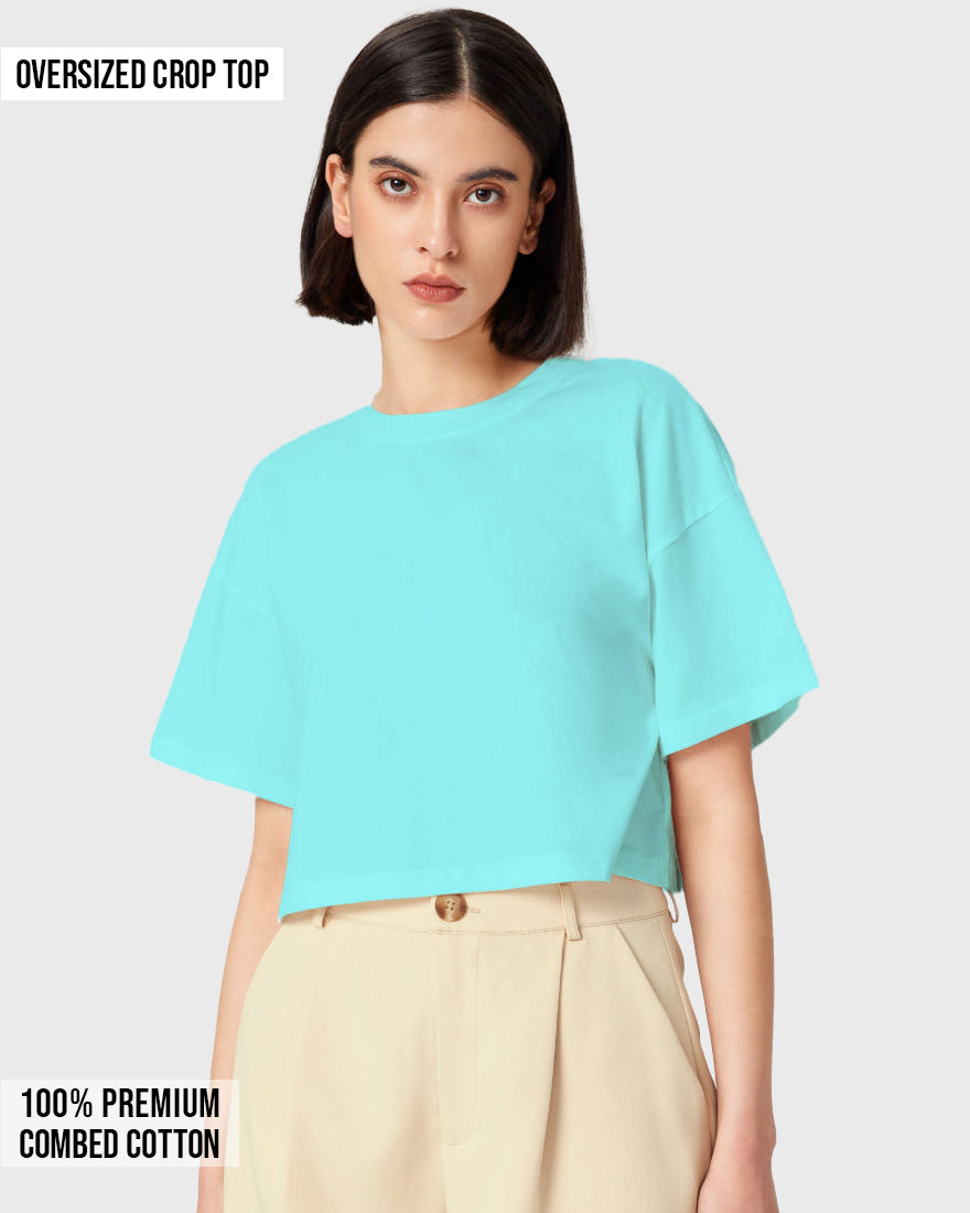 Womens Oversized Crop Top Plain TShirt - Lite Ocean blue