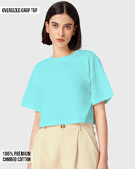 Womens Oversized Crop Top Plain TShirt - Lite Ocean blue