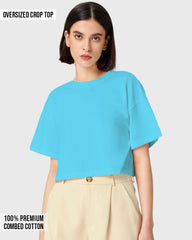 Womens Oversized Crop Top Plain TShirt - Ocean Blue