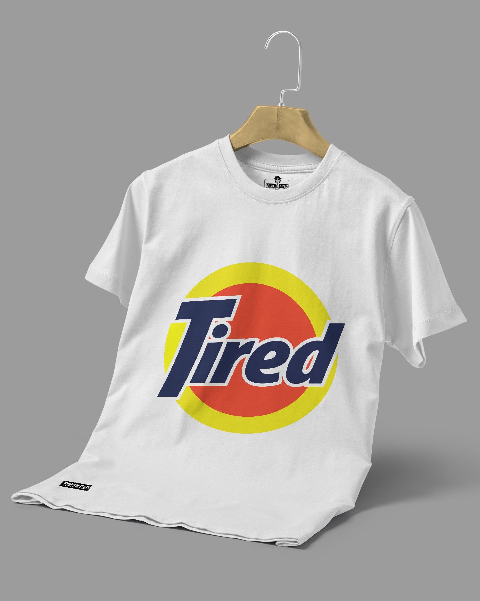 Mens T-Shirt Funky Logo Spoofs Tired - Metro Apes