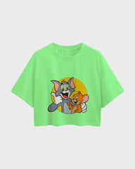 Womens Oversized Cropped TShirt Cartoon Tom And Jerry