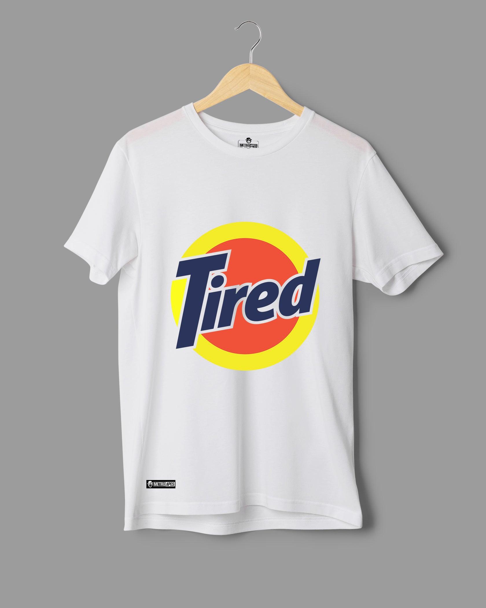 Mens T-Shirt Funky Logo Spoofs Tired - Metro Apes