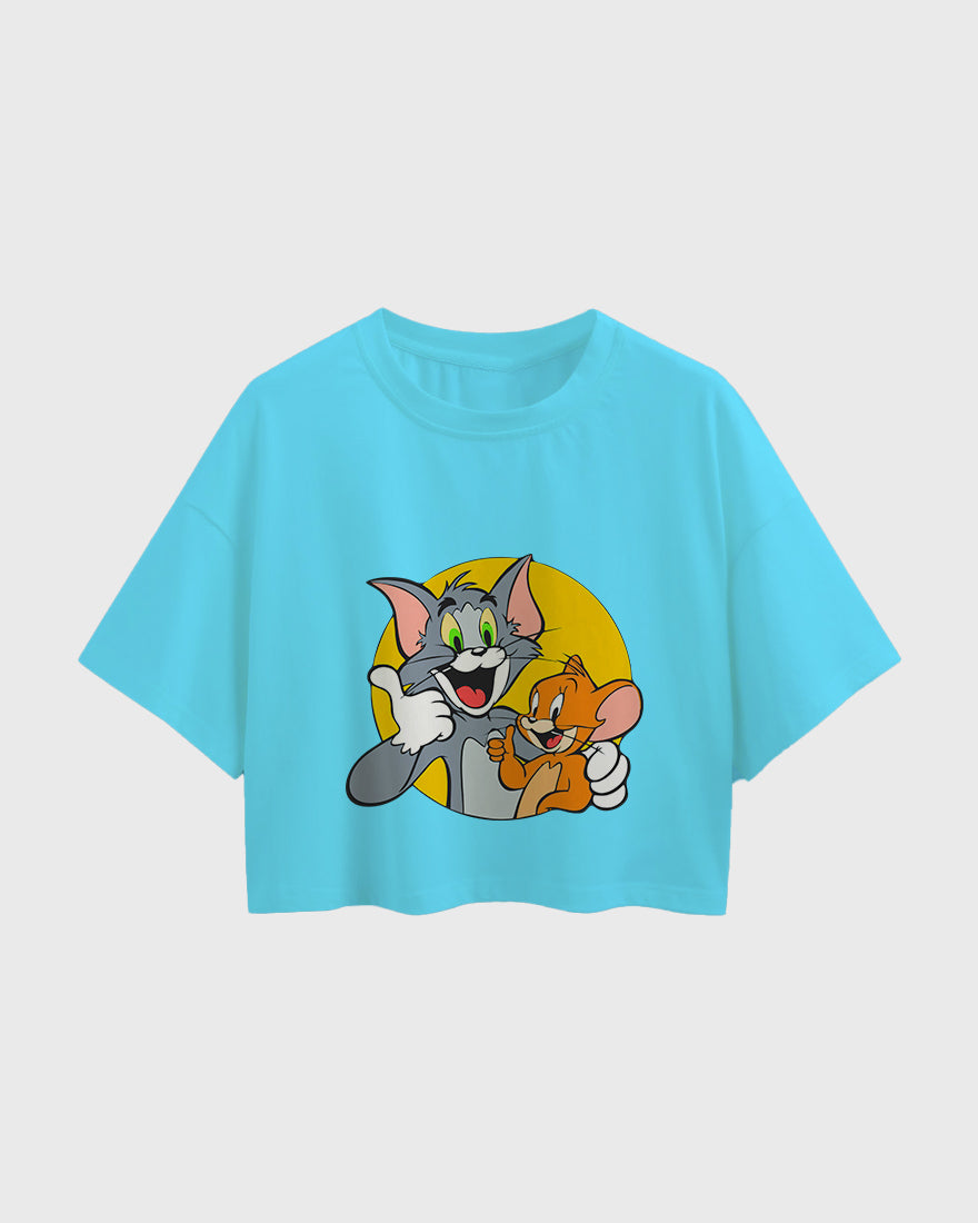 Womens Oversized Cropped TShirt Cartoon Tom And Jerry