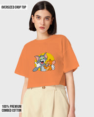 Womens Oversized Cropped TShirt Cartoon Tom And Jerry