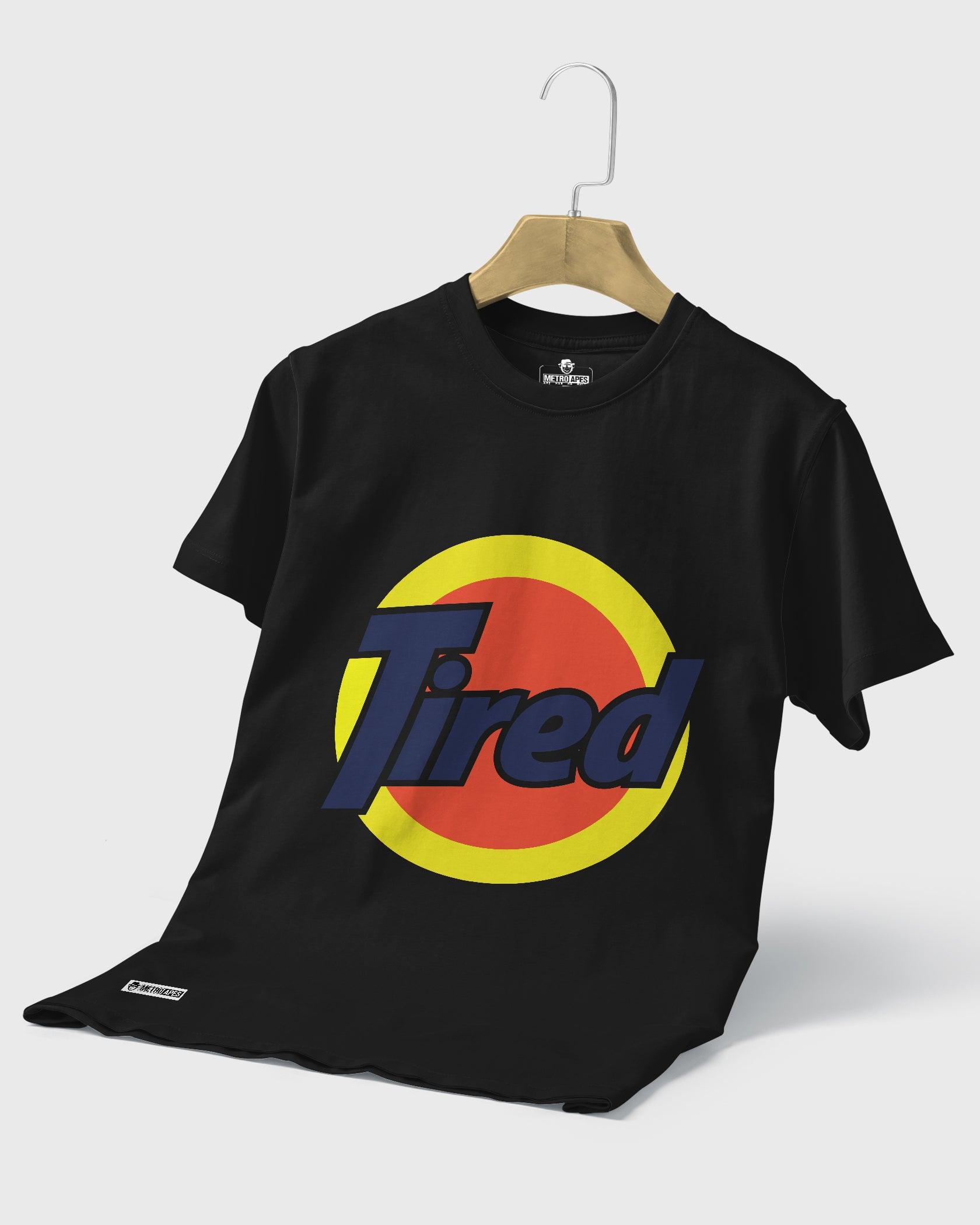 Mens T-Shirt Funky Logo Spoofs Tired - Metro Apes