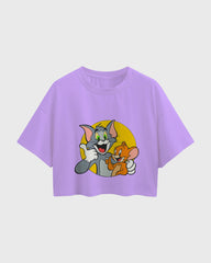 Womens Oversized Cropped TShirt Cartoon Tom And Jerry