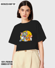 Womens Oversized Cropped TShirt Cartoon Tom And Jerry