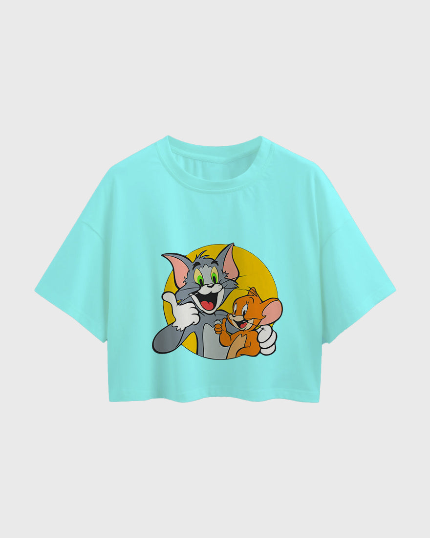 Womens Oversized Cropped TShirt Cartoon Tom And Jerry