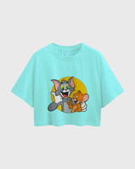 Womens Oversized Cropped TShirt Cartoon Tom And Jerry