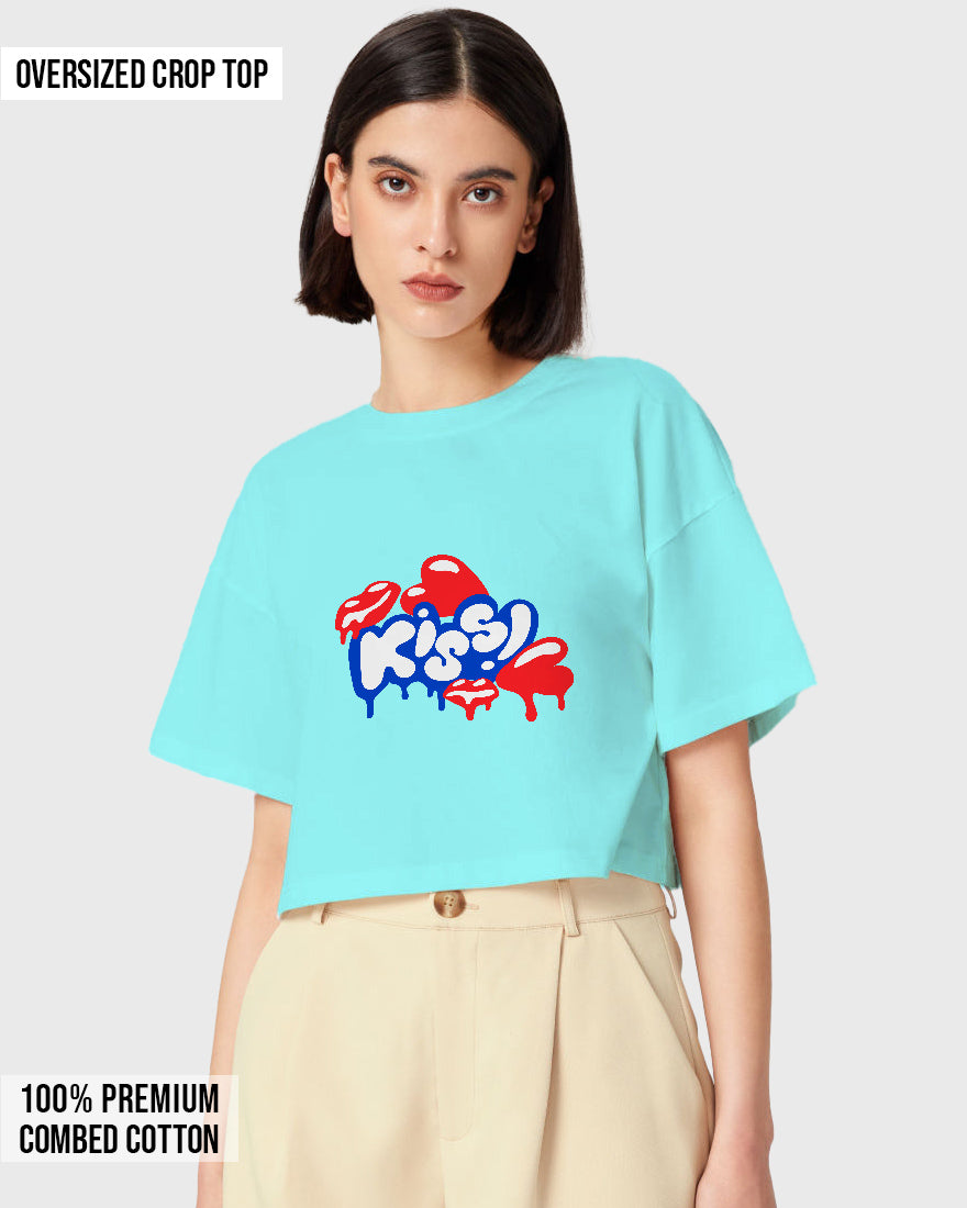 Womens Oversized Cropped TShirt Funky Kiss