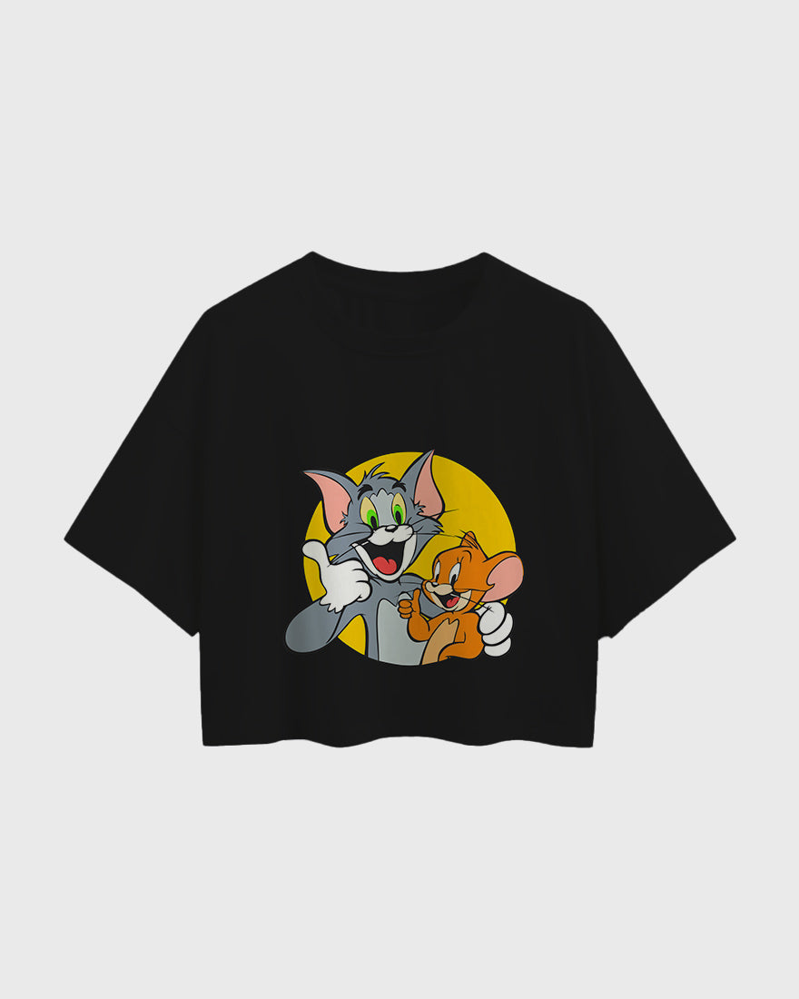 Womens Oversized Cropped TShirt Cartoon Tom And Jerry